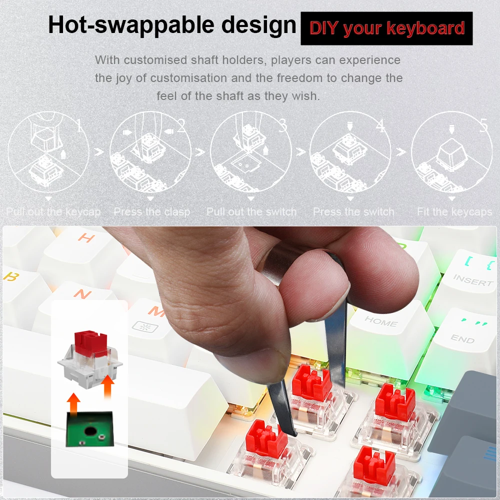 Фото Компактная тонкая Механическая Проводная игровая клавиатура E-YOOSO Z686 RGB USB 60% с красным переключателем, 68 клавишами, русский, бразильский, португальский стиль, для компьютера №4