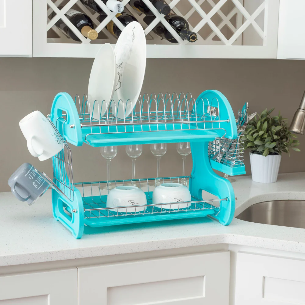 

2 Tier Plastic Dish Drainer, Turquoise Kitchen Storage Racks Holders