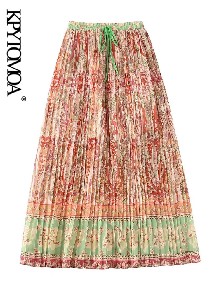 

KPYTOMOA Women Fashion Pleated Printed Long Skirt Vintage High Elastic Waist With Drawstrings Female Skirts Mujer
