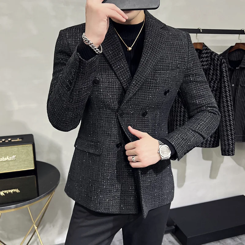 High-quality Woven Wool Men Blazers Slim Casual Business Dress Coat Social Wedding Suit Jackets Double-breasted Banquet Tuxedo