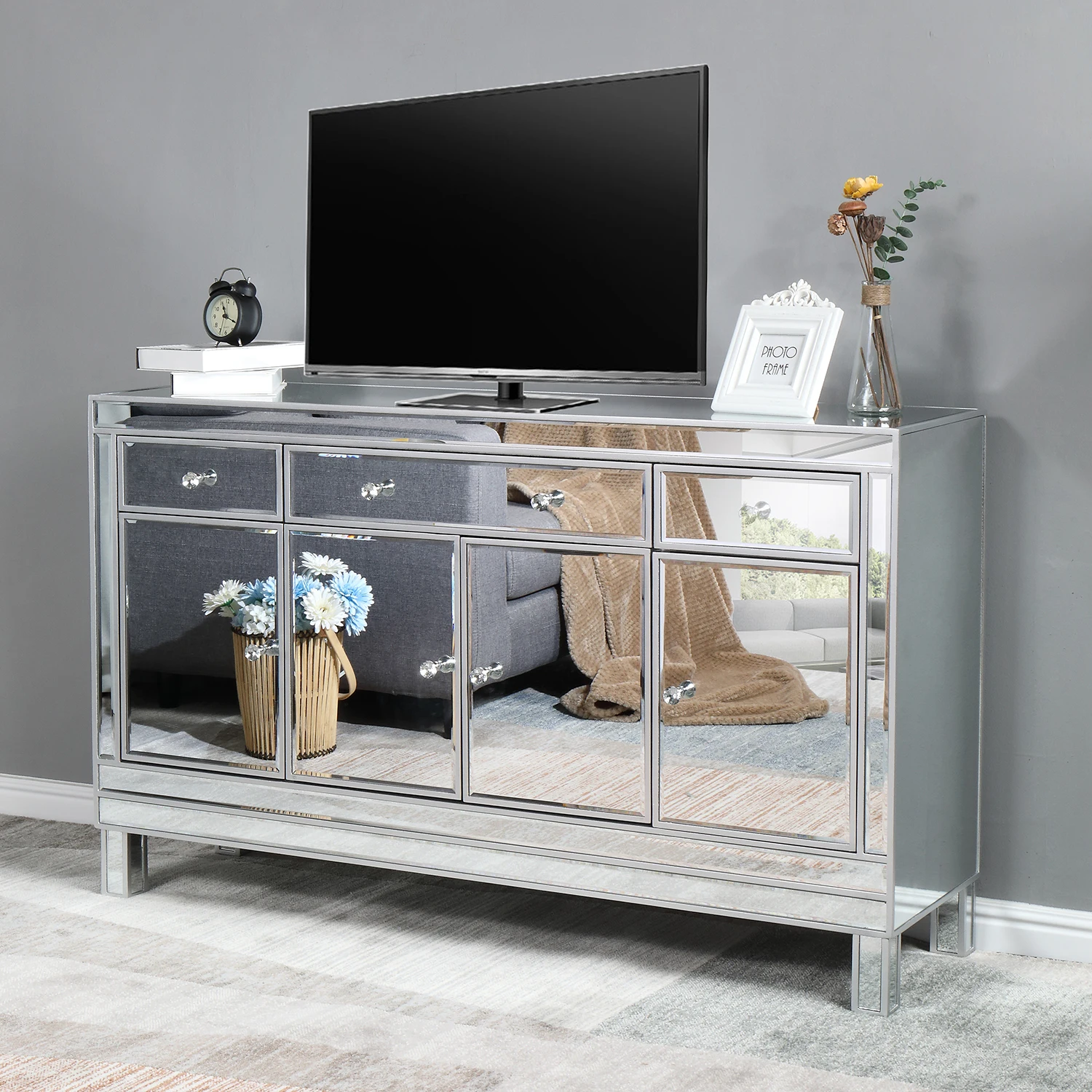 FCH Mirror Glass TV Cabinet with 3 Drawers 4 Doors Living Ro