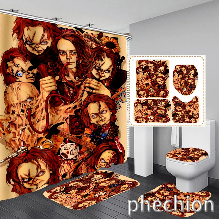 

New 3D Print Chucky Shower Curtain Waterproof Bathroom Curtain Anti-slip Bath Mat Set Toilet Rugs Carpet VR63