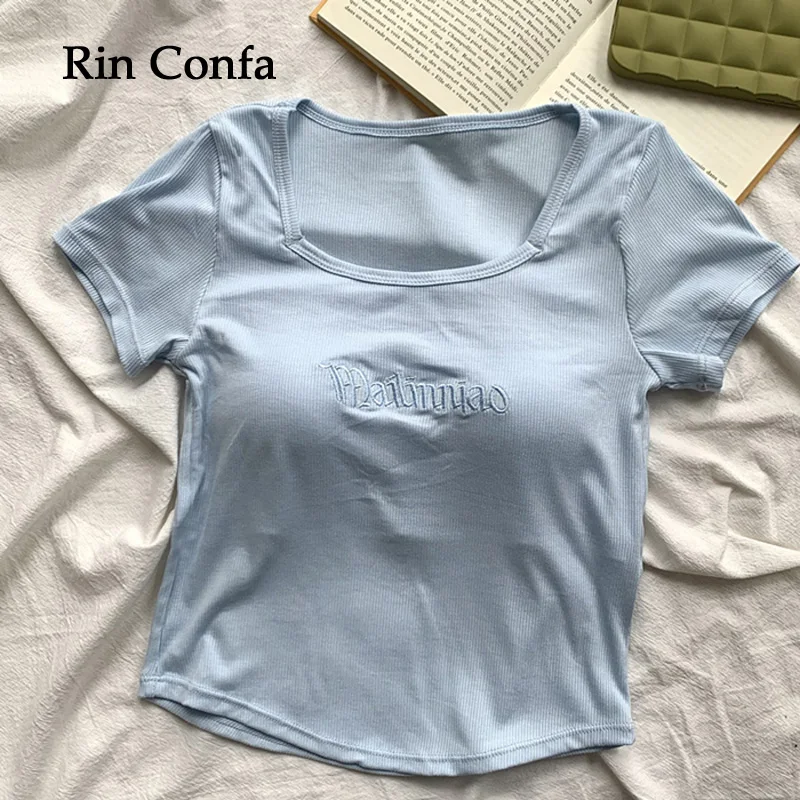 

Rin Confa Design Sense American Short Sleeve T-Shirt Female Summer Retro Spice Girl Square Collar Crop Top Short Slim Tops