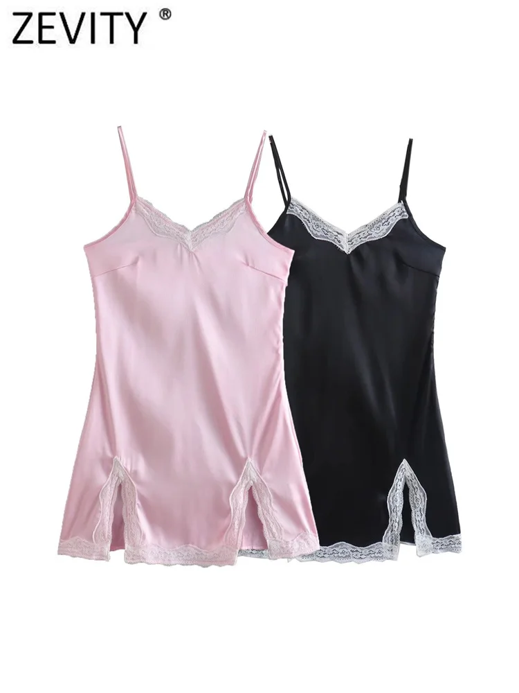 

Женское сексуальное платье ZEVITY с V-образным вырезом, кружевное лоскутное сатиновое мини-платье на бретельках, женское шикарное платье на мо...