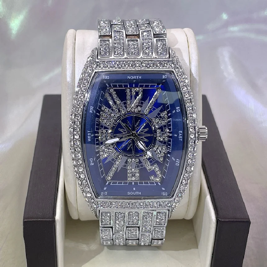 

2022 New MISSFOX Mens Quartz Watch Hip Hop Full Diamond Waterproof Wristwatch Luminous Pointer Digital Fashion Square Male Clock