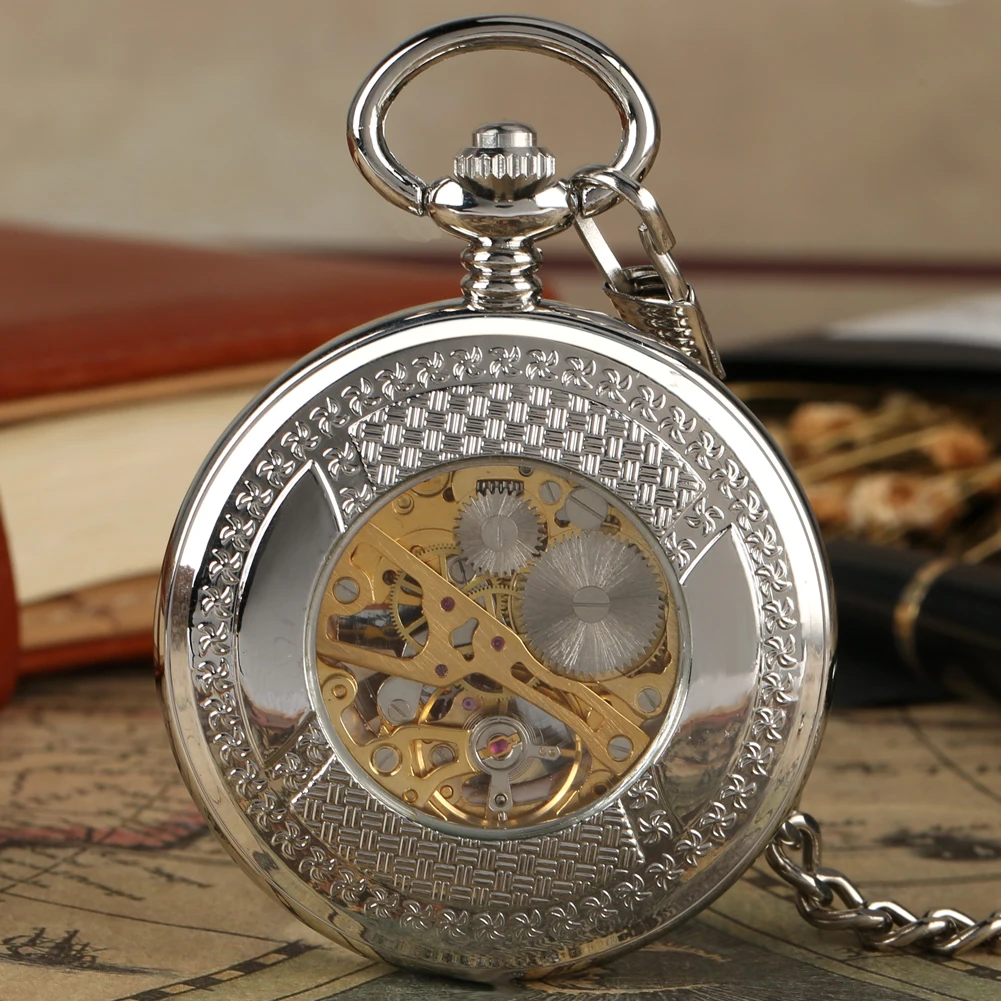 Exquisite Silver/Gold Manual Mechanical Pocket Watch Hub Skeleton Roman Numeral Dial Gentleman Vintage Pendant Pocket Timepiece
