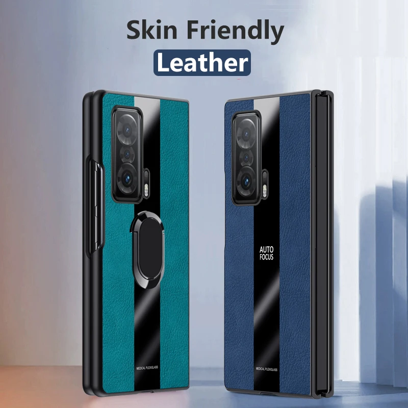 

Luxury Leather Case for Huawei Honor Magic V Plexiglass Car Magnetic Ring Holder Hard Armor Shockproof Phone Cover HonorMagicV