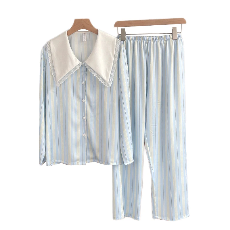 

Striped Women's Pajamas Spring Sleepwear Rayon Silk Pijama Long Sleeve Pyjamas Female Set Loungwear Nightwear Home Suit