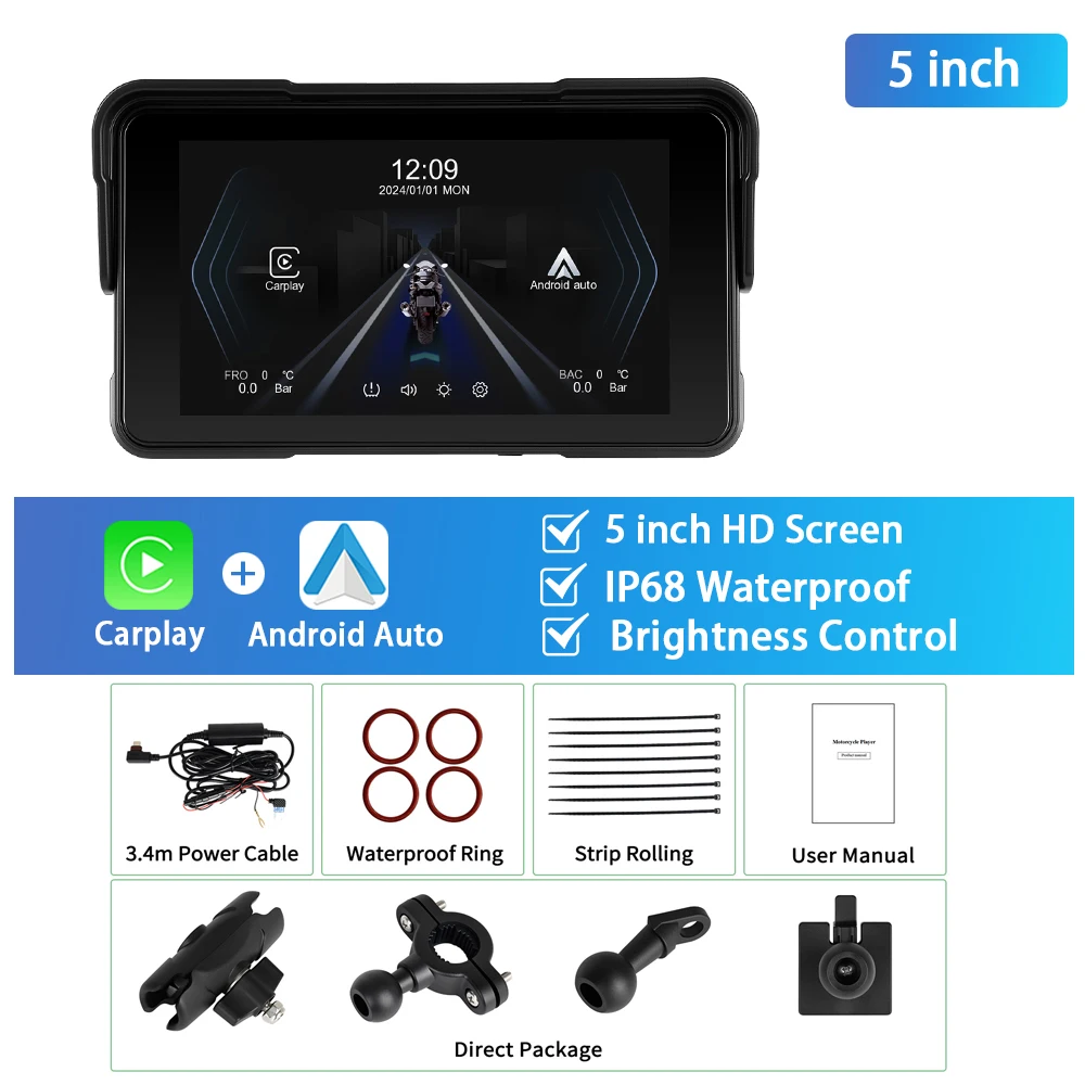 

Podofo 5-дюймовый мотоцикл Carplay Android Auto с умным экраном плеер IPX8 водонепроницаемый навигационный видеорегистратор привод рекордер мотоцикл монитор