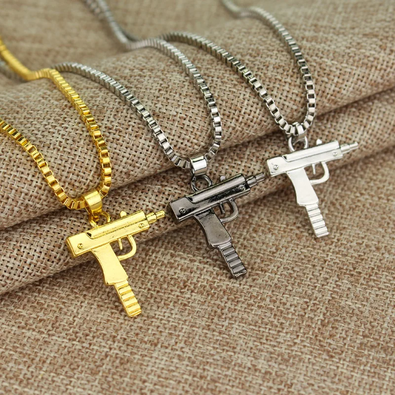 

New Cool Gothic Hip Hop UZI Kolye GUN Shape Pendant Necklace Gold/Black Silver Color Army Style Male Chain Men Necklaces Jewelry