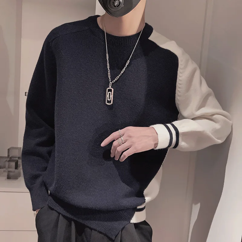 Mens fashion patchwork color contrast knited sweater spring and autumn round neck underlay shirt Harajuku pullover sweaters men