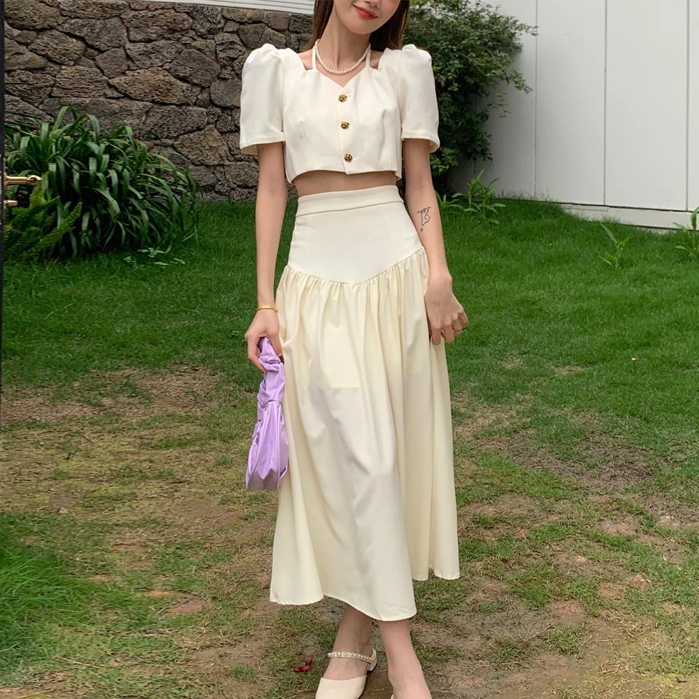 

Summer Casual Women's Short Sleeve Square Neck Halter Small Coats Crop Top+ High Waist A-Line Long Skirt Suits Two Piece Set