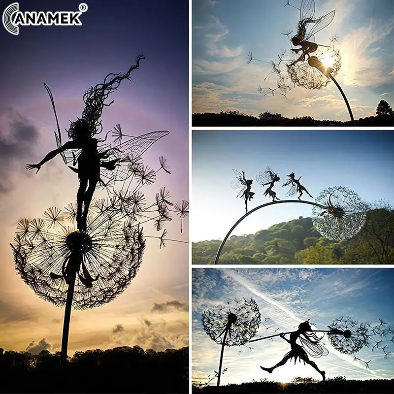 

Garden Decor Lawn Landscape Sculpture Fairy Decoration Stake Dandelions Metal Elf Silhouette Ornament for Yard Sculpture Modern