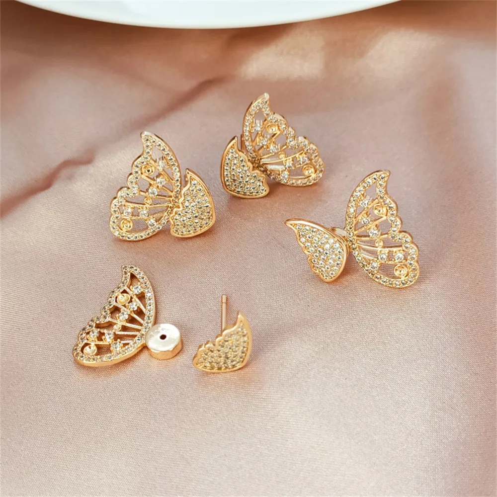 

14K Gold Plated Brass Zircon Inlaid Butterfly Earrings Can Be Glued To Pearl Exquisite Temperament Earrings DIY Jewelry Material