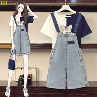 big yards summer suit female 2022 new female fashion show thin short sleeve t shirt denim overalls ms two piece outfit