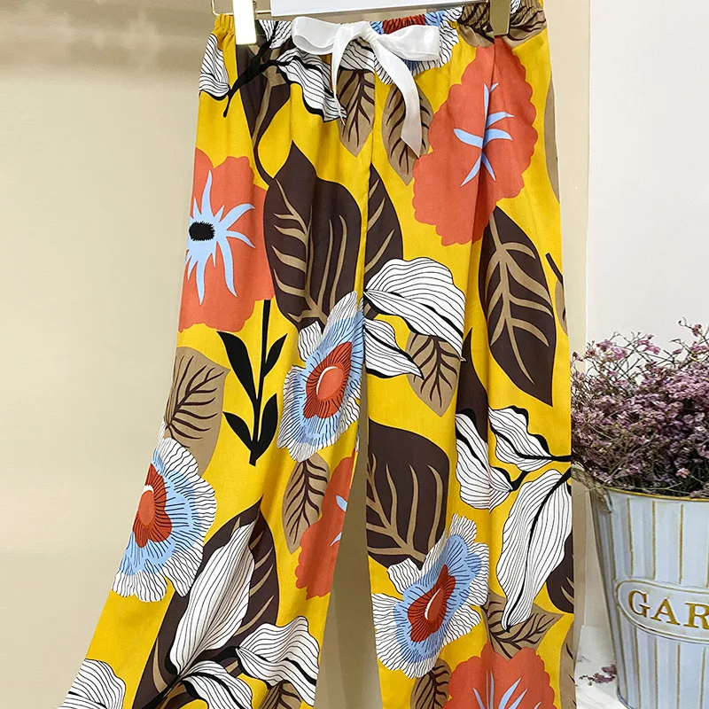 Cute Bottoms Wide-leg Pajama Pants Women Sleepwear Outerwear Cotton Silk Summer Sleep Bottoms
