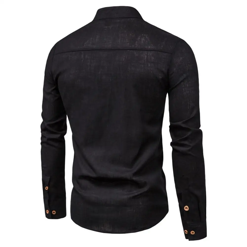 2022 New Men Stand Collar T-shirt Long Sleeves Slim Fit Pullover Tops Simple Casual Solid Color Cotton Linen Shirt