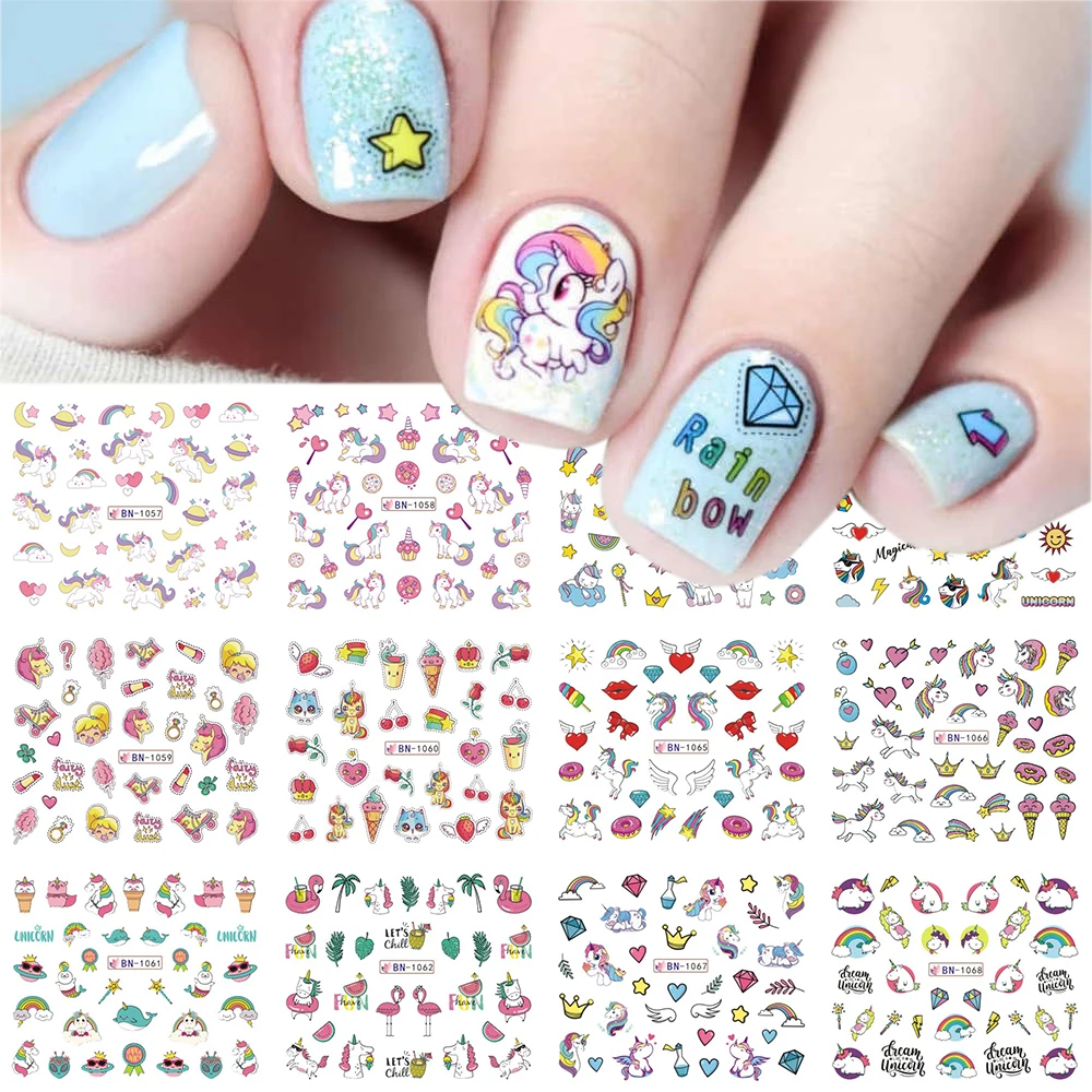 12pcs Nail Stickers Pink Horse Transfer Sliders For Nails Cute Cartoon Flamingo Water Decals For Manicure Designs GLBN1057-1068