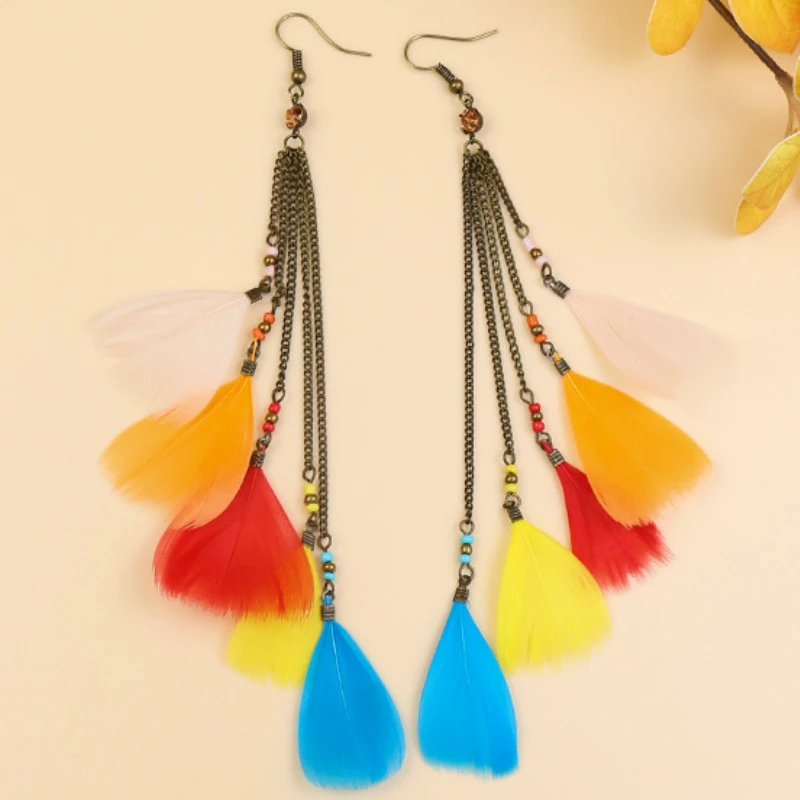 

Personality and Elegant Feather Long Fringed Earrings Women Boho Contrast Multilayer Vintage Earrings Wedding Earrings Wholesale
