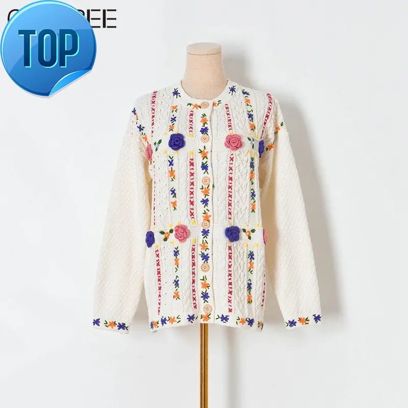 Cardigan Vintage Floral Embroidery Knitted Women 2023 Runway Designers Elegant O-neck Medium Long Oversized Sweater Mujer