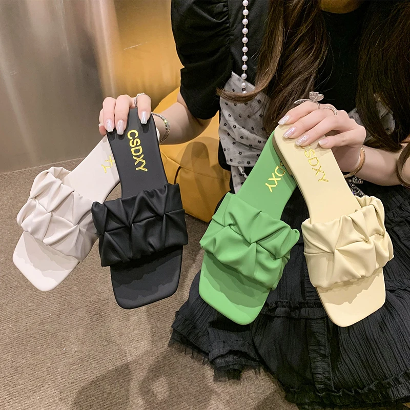 Pleated Women Slippers Summer 2023 New Flat Outdoor Slippers For Women Flip Flops Green Non-Slip Sandals Trend Big Size 42