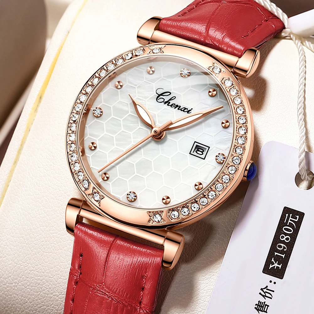 CHENXI Luxury Women Watches Fashion Leather Waterproof Calendar Quartz Watch Fritillary Mesh Dial Leisure Ladies Wrist Watch