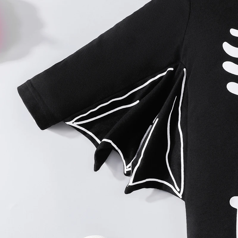 

Baby Girl Boy Cute Long Sleeve Crew Neck Skeleton Print Bat Jumpsuit with Hat Halloween Costumes