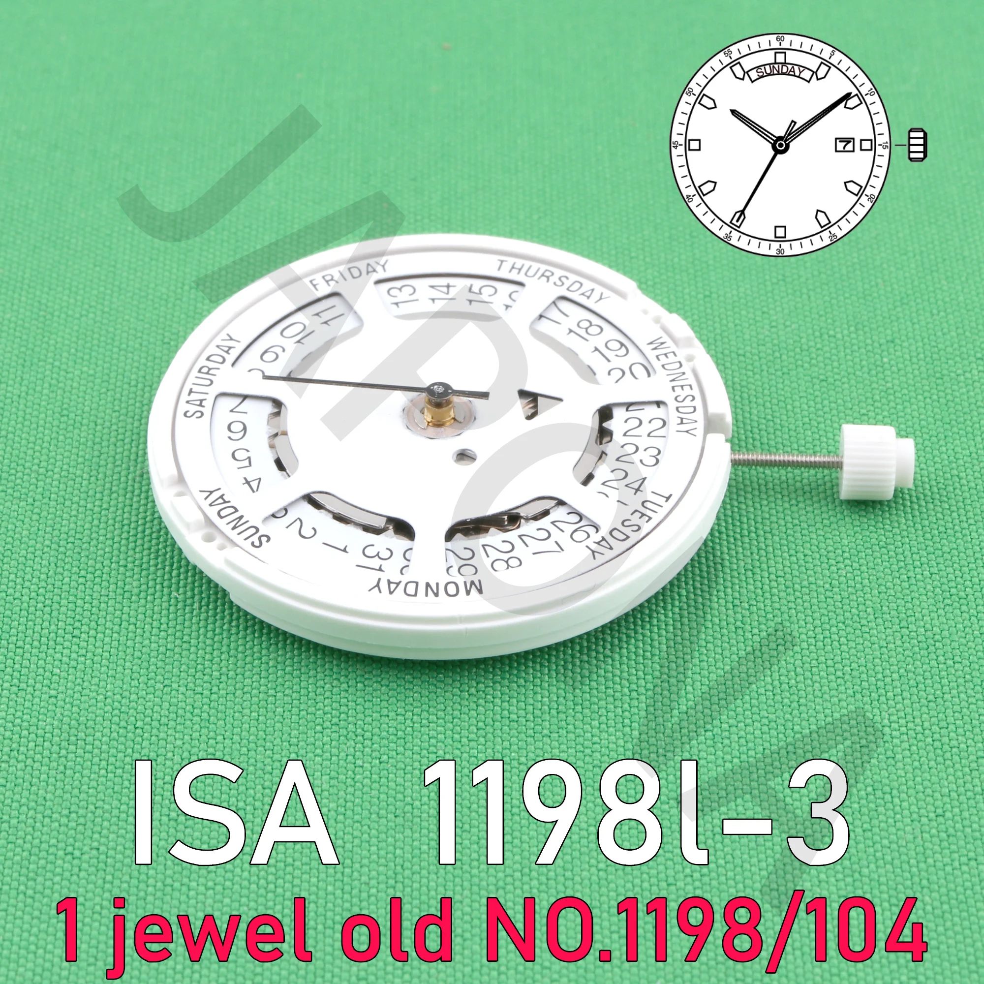 1198 movement isa 1198l-3  swiss quartz movement 3 hands with date/day old no.1198 104 movement 1jewel
