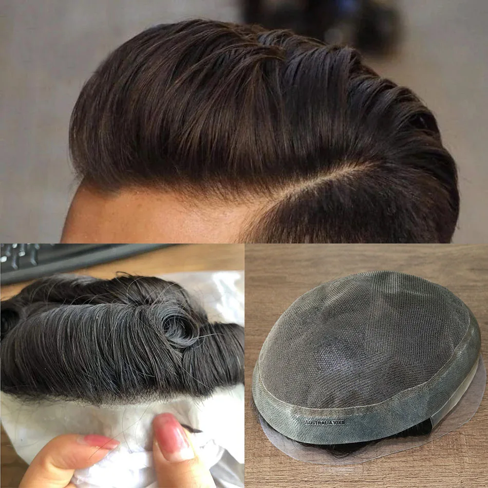 

Off Black #1B Men Toupee Lace With PU Men's Wig 360 Wave Durable Natural 100% Human Hair Replacement System For Male Wigs 8x10'