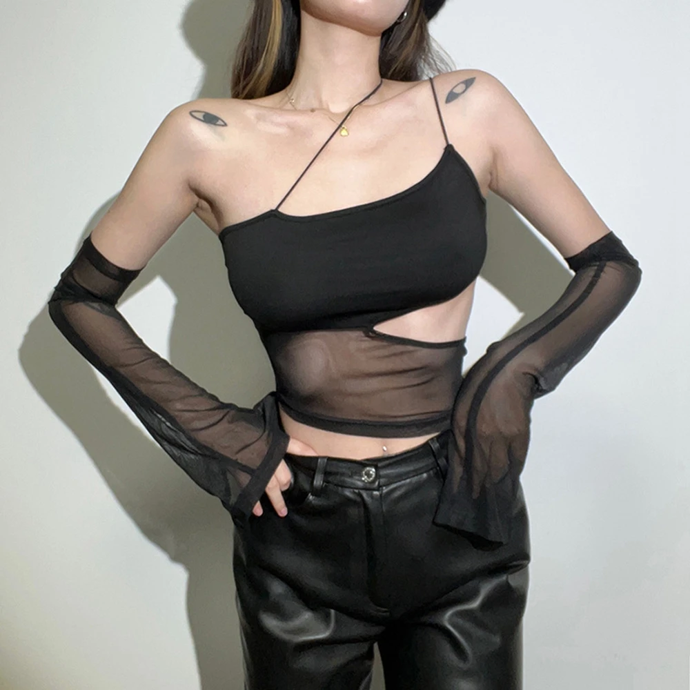 

Y2K Women Asymmetrical Cut Out Mesh Crop Top with Sleeves Fairy Grunge Clothes Transparent Camisole Tank Tops Camis Fashion Top