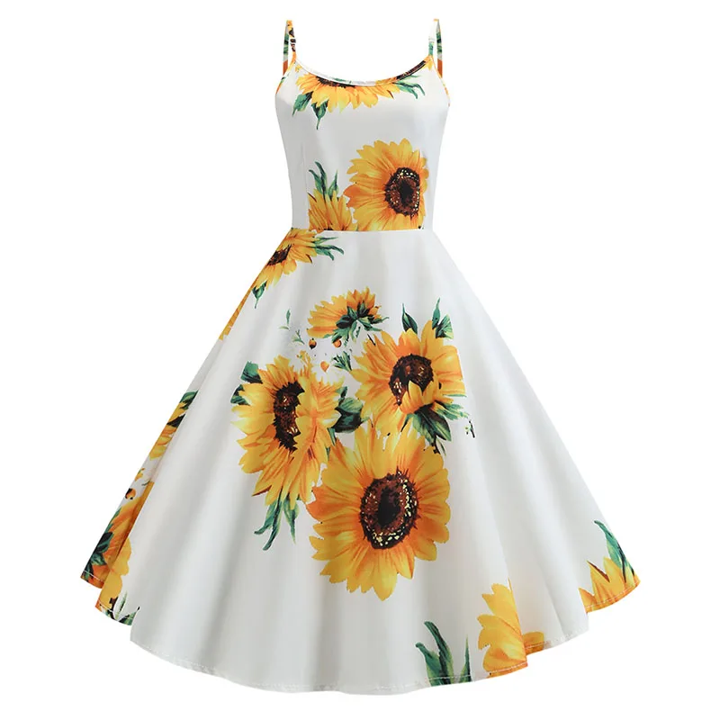 Boho Maxi Long Dress Sunflower Printed Sleeveless Strap Dress 2023 Summer Women New U Collar Long Dress Elegant Swing Long Dress