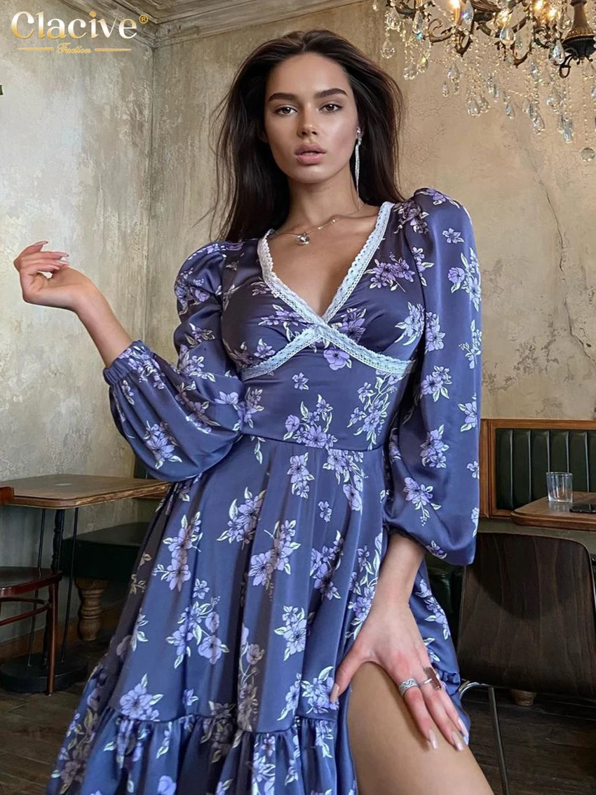 

Clacive Sexy Loose Print Dress Ladies Fashion V-Neck Long Sleeve Midi Dress Elegant Lace Spliced Slit Party Dresses For Women