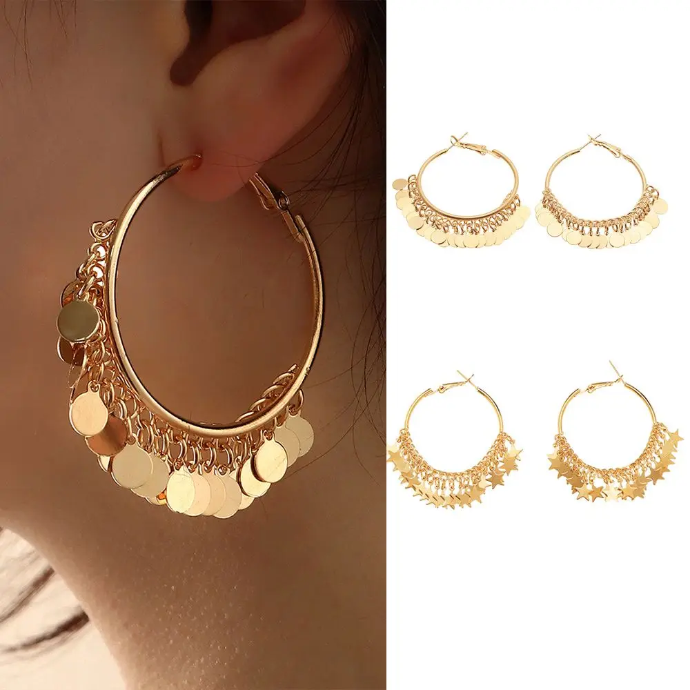 

Fashion Geometric Party Gift Dangle Golden Sequins Hanging Earring Ear Studs Tassel Hoop Earrings