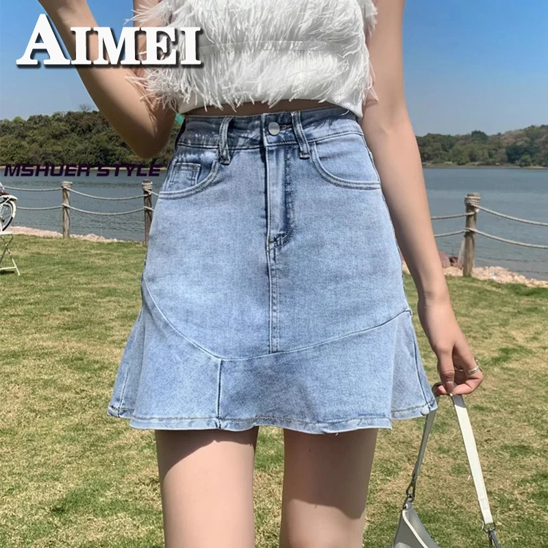 

Y2K одежда, черная джинсовая юбка до колена, женская летняя Новинка 2023, облегающая короткая юбка с высокой талией и надписью «рыбий хвост» в Корейском стиле