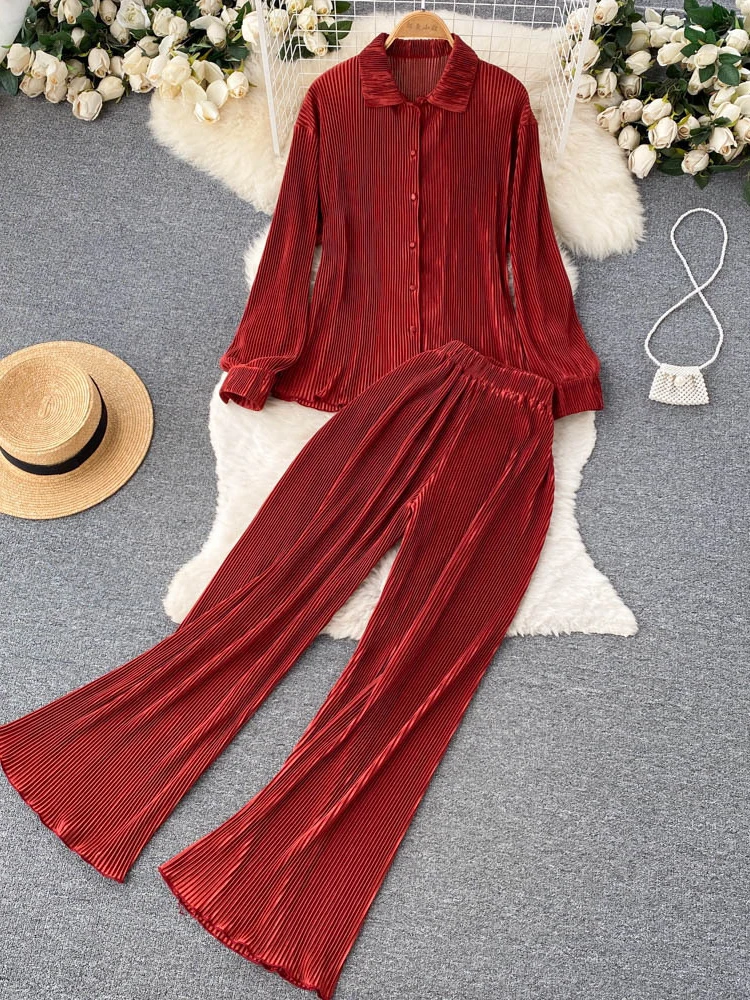 

Женский плиссированный костюм из двух предметов, Повседневная Свободная блузка с отложным воротником и широкие брюки с высокой талией, весна-осень