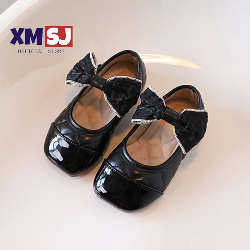 Princess Shoes for Little Girls Ribbon Bowknot Chic Children Mary Janes Black Beige Square Toe Elegant 21-30 Autumn Kids Flats