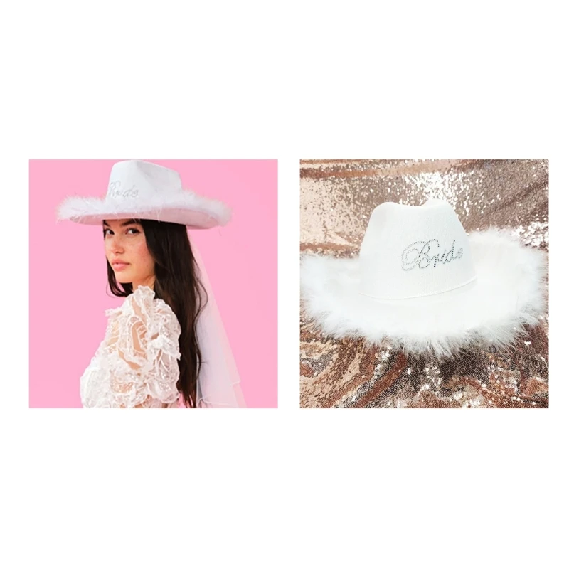 

Glitter BRIDE Letter Cowboy Hat with Feather Brim Wedding Ceremony Cowgirl Hat