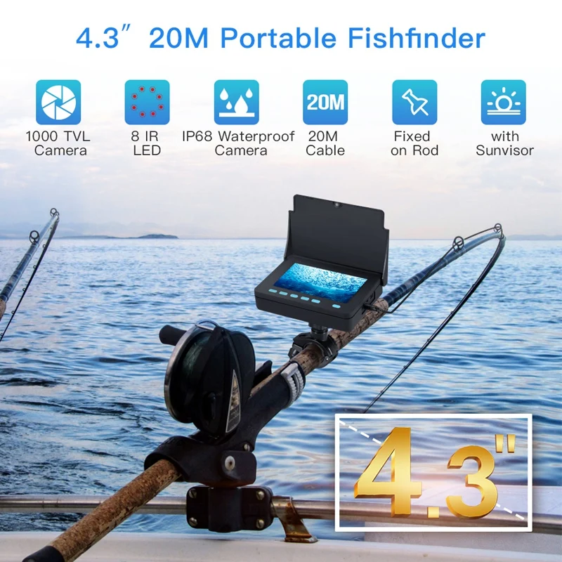 Подводная видеокамера ночного видения 4,3 дюйма Eyoyo 1000TVL с кабелем 20 м светильник 8 светодиодами, визуальный рыбопоисковый прибор с вилкой Ста...