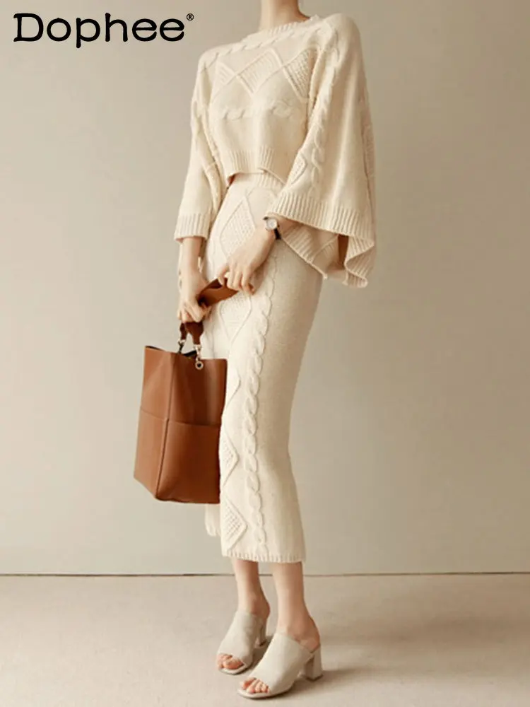

Knitted Skirt Suit Batwing Sleeve Pullover Sweater Top Autumn Winter New Heavy Industry Cable-Knit Sweater Women Two-Piece Set