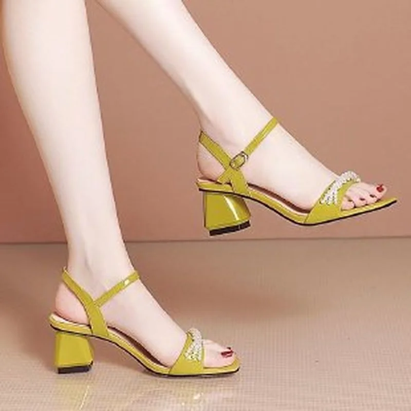 

2022 New Summer Shoes Fashion Women Sandals 6cm High Heel Rome Sandals Pearl Square Heel High Heels Elegant Lady Dress Pumps