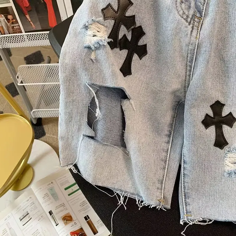 Рваные джинсовые шорты Y2K в европейском и американском стиле прямые свободные