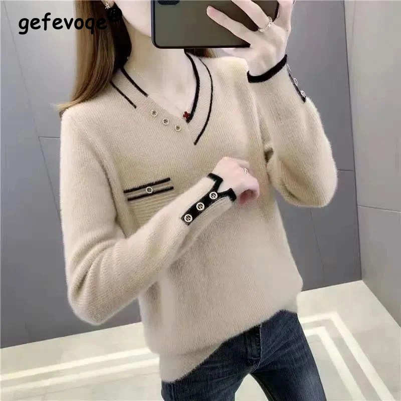 Женский вязаный свитер с V-образным вырезом повседневный толстый пуловер