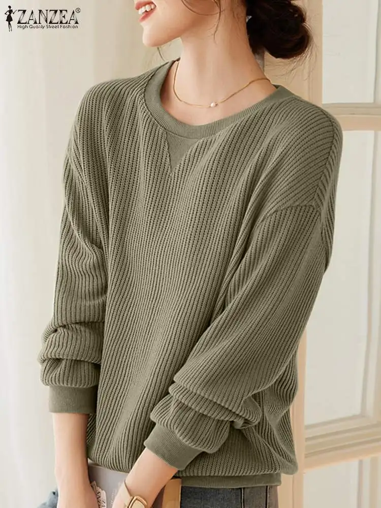 Модные женские трикотажные топы ZANZEA с круглым вырезом и длинным рукавом осенняя