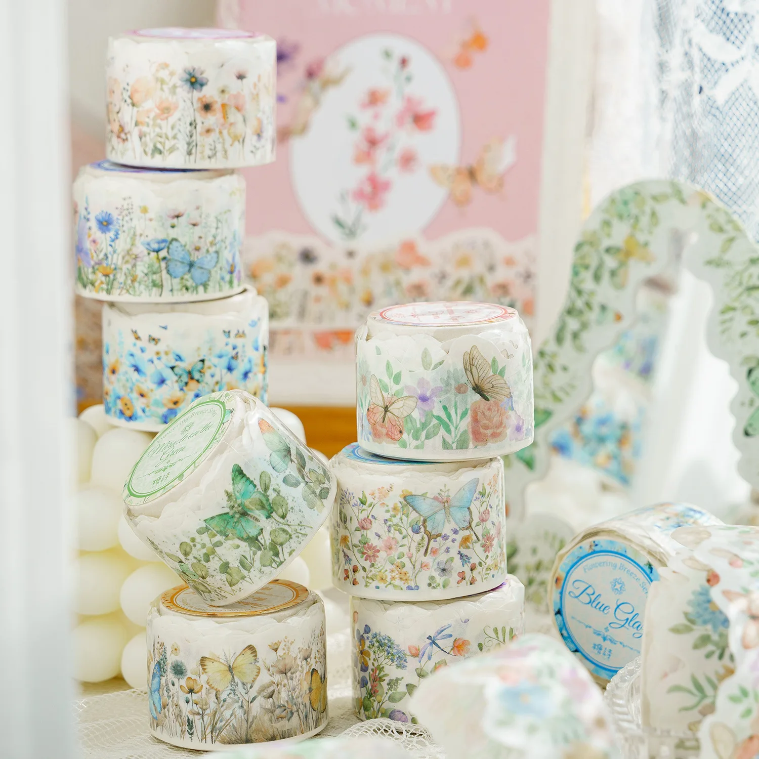 

Vintage Watercolor Flowers Butterfly Masking Washi Tape Handbook Decorative Adhesive Diy Label Scrapbooking Material Sticker