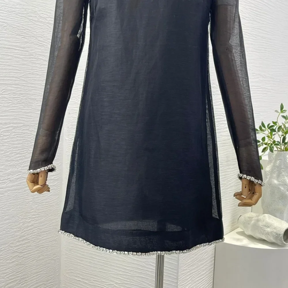 2024 Новое женское черное мини-платье с длинными рукавами и бриллиантами See Thourgh