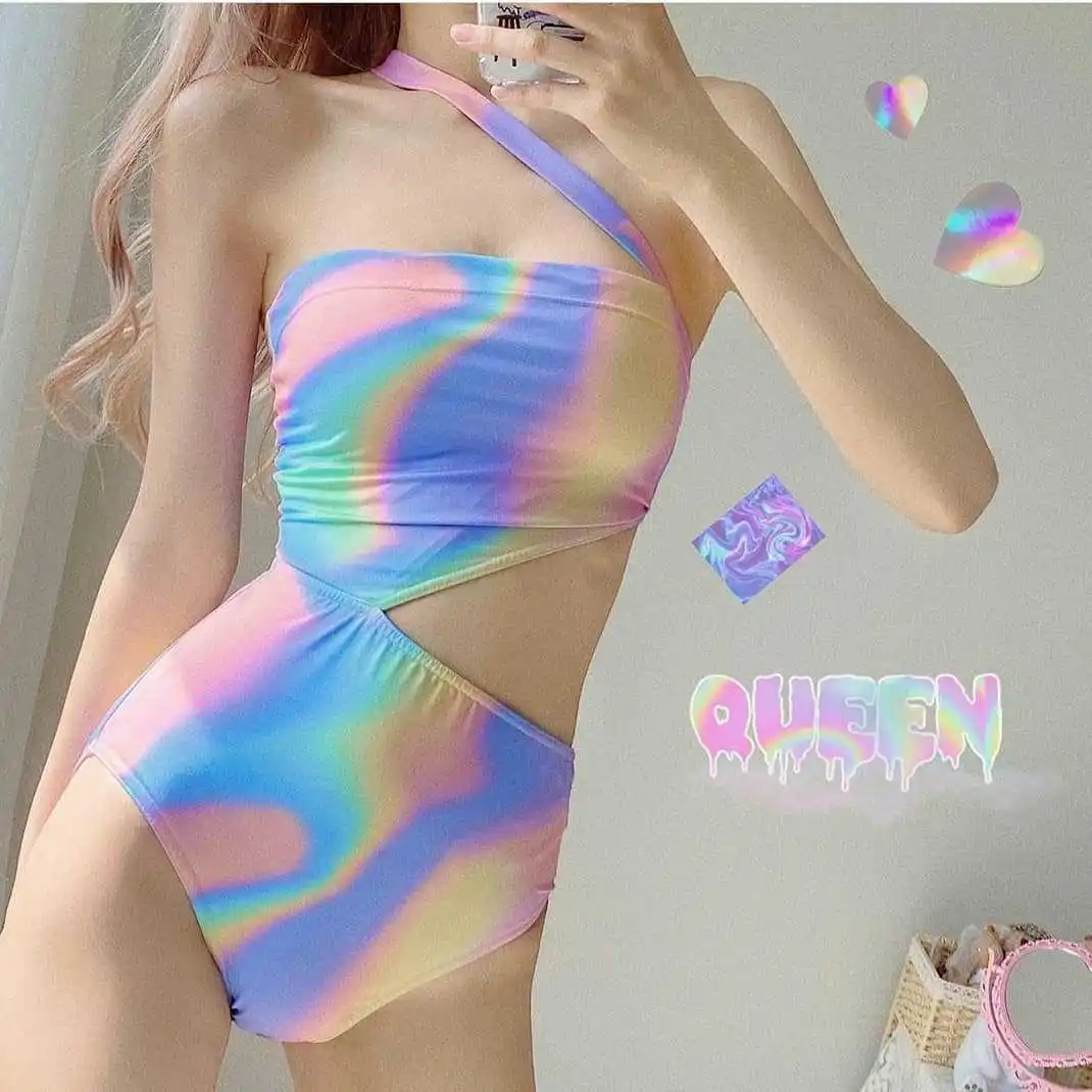 

Gradiant Color Bikinis Cut Out High Waist Bathing Suit Sexy Bandeau One Piece Swimsuits for Women Push Up Swimwear Beach Bathers