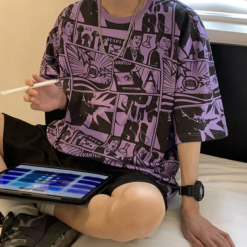 

Hong Kong style T-shirt loose large size fat man handsome boy online celebrity Tik Tok tide brand student Japanese retro