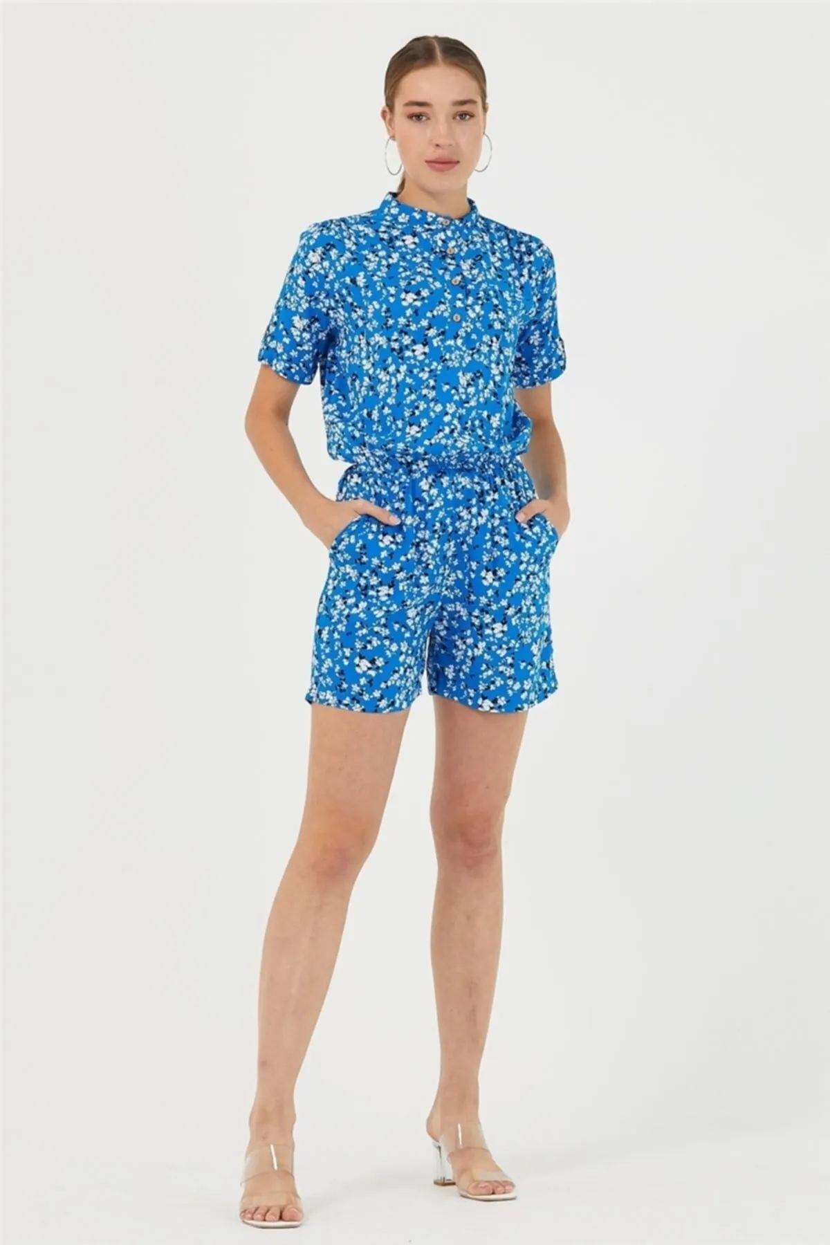

Women's Overalls Floral Detailed Detailed Short Jumpsuit Blue Hot Style Quality Fabric Sleeveless Baggy Trousers Casual Jumpsuit