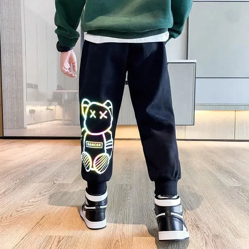 

Fashion Teen Boys Black Reflective Bear Pants Spring Autumn Casual Sweatpants Unisex Polyester Trousers Sweatpants 4-14 Yrs Baby