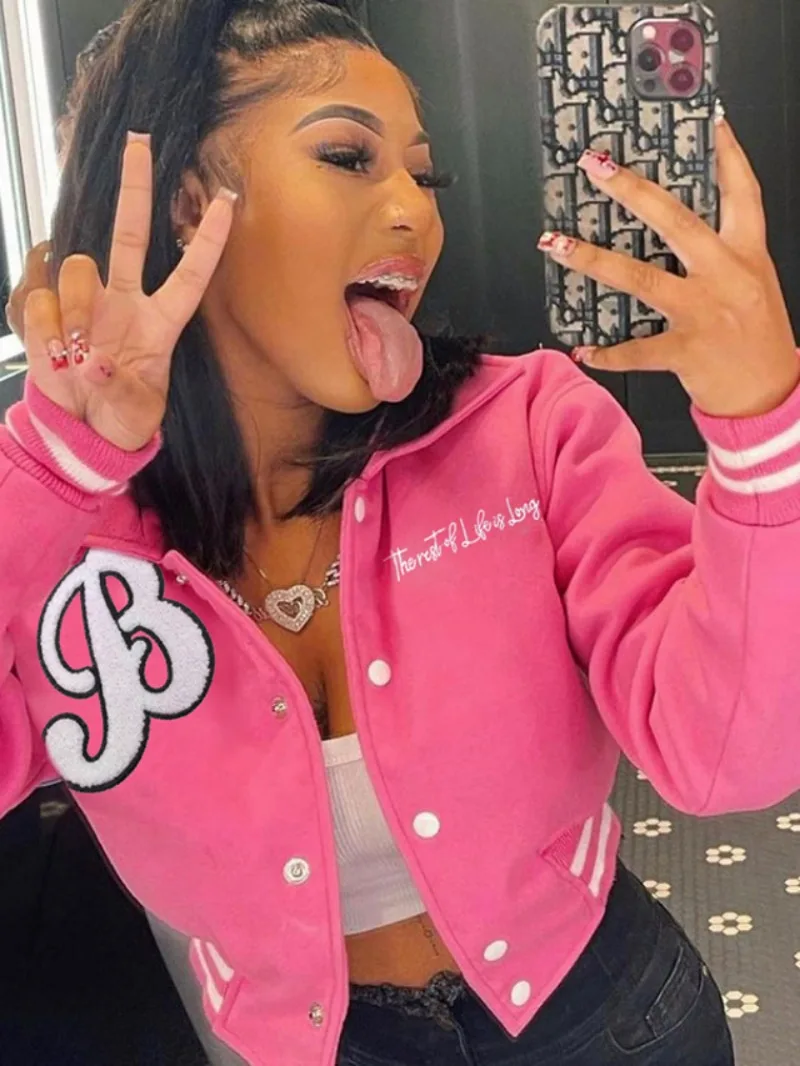 

2023 Autumn Turn-down Collar Letter Embroidery Coats Bomber Jacket Women's Outerwear Long Sleeve Varsity Jackets Y2K Streetwear